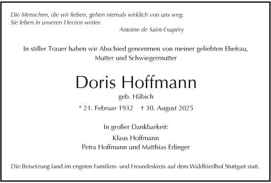 Traueranzeige von Doris Hoffmann von Stuttgarter Zeitung / Stuttgarter Nachrichten