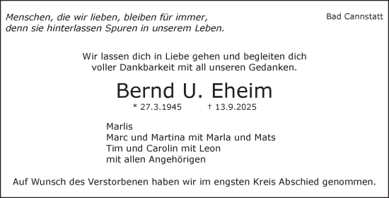 Traueranzeige von Bernd U. Eheim von Stuttgarter Zeitung / Stuttgarter Nachrichten