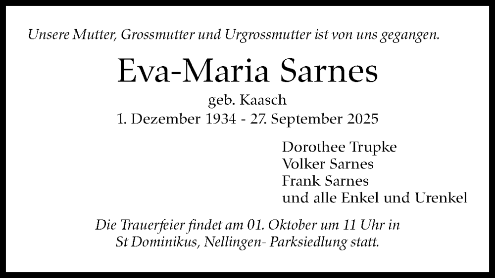  Traueranzeige für Eva-Maria Sarnes vom 01.10.2025 aus Eßlinger Zeitung