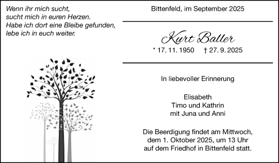 Traueranzeige von Kurt Baller von Stuttgarter Zeitung / Stuttgarter Nachrichten