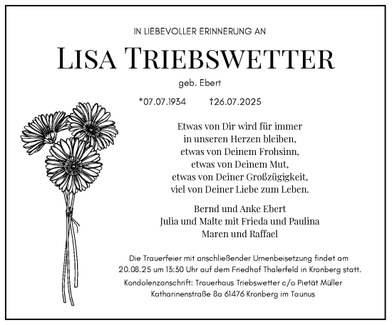 Traueranzeige von Lisa Triebswetter von Marbacher Zeitung