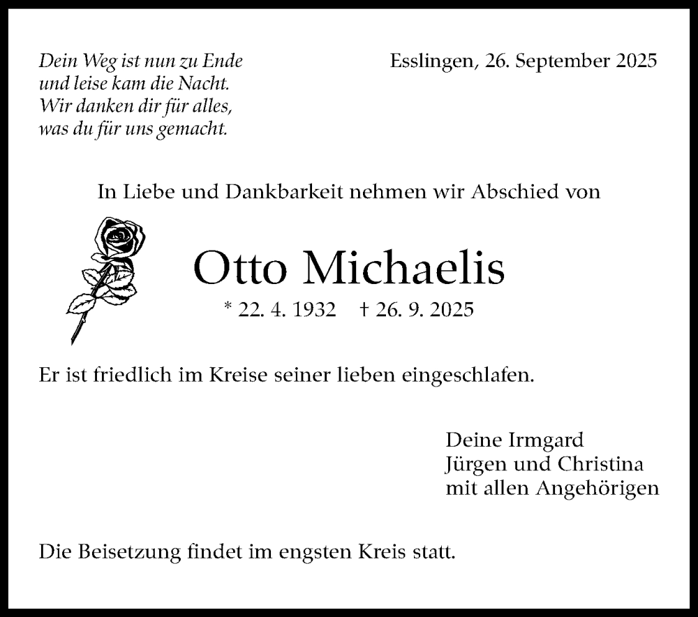  Traueranzeige für Otto Michaelis vom 01.10.2025 aus Eßlinger Zeitung