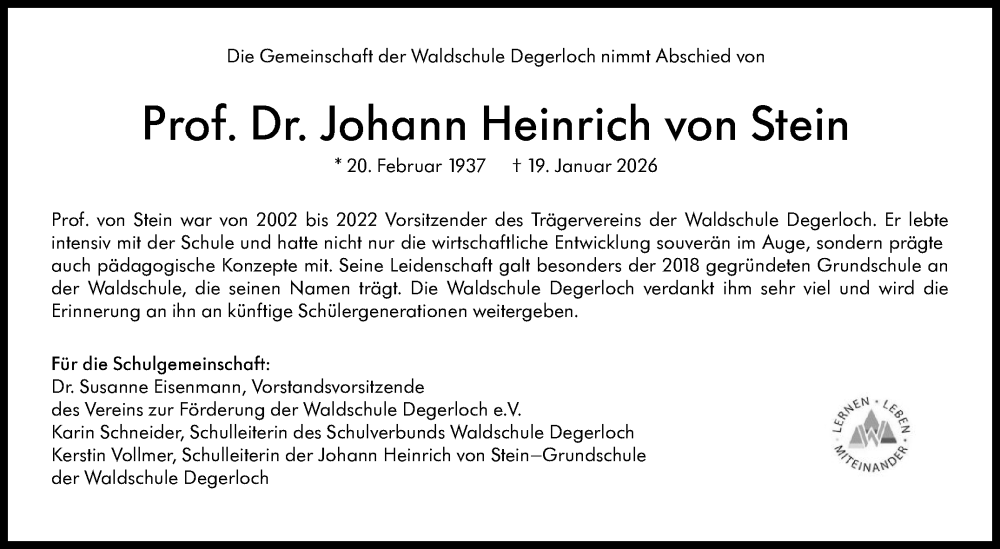  Traueranzeige für Johann Heinrich von Stein vom 24.01.2026 aus Stuttgarter Zeitung / Stuttgarter Nachrichten