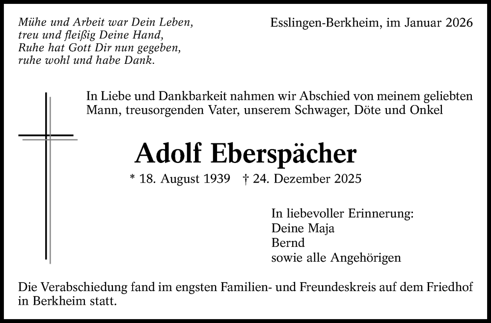  Traueranzeige für Adolf Eberspächer vom 14.01.2026 aus Eßlinger Zeitung