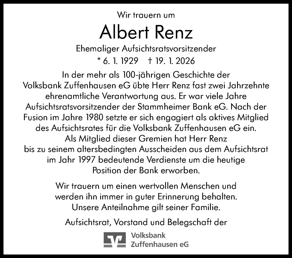  Traueranzeige für Albert Renz vom 31.01.2026 aus Stuttgarter Zeitung / Stuttgarter Nachrichten