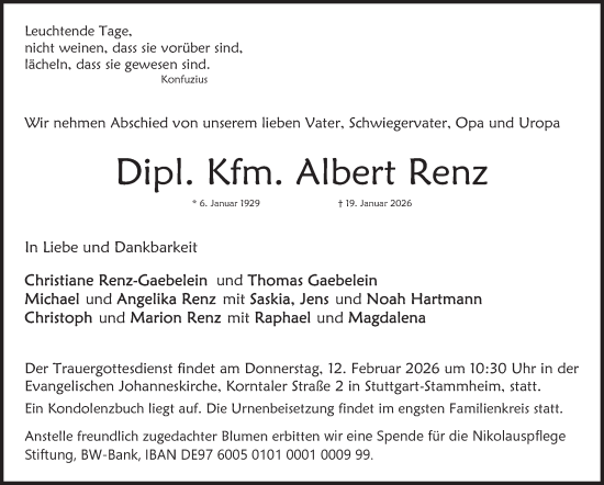 Traueranzeige von Albert Renz von Stuttgarter Zeitung / Stuttgarter Nachrichten