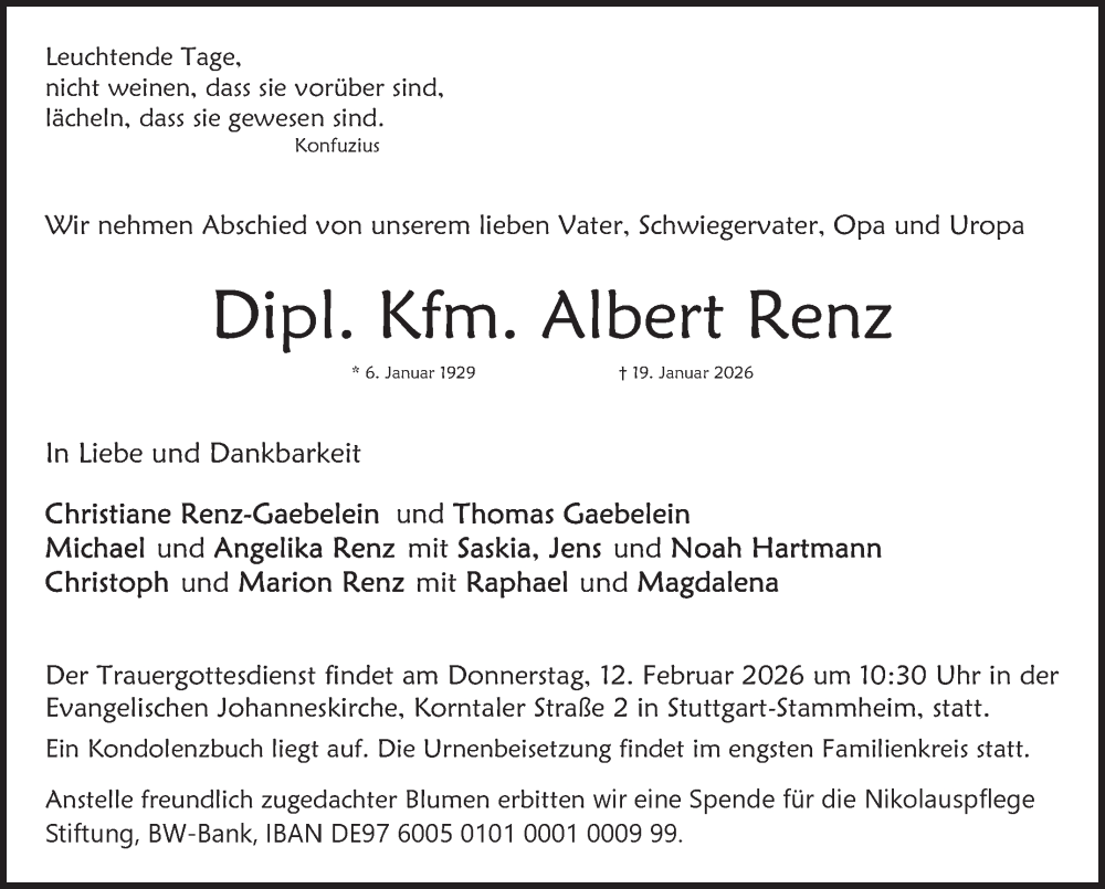  Traueranzeige für Albert Renz vom 31.01.2026 aus Stuttgarter Zeitung / Stuttgarter Nachrichten