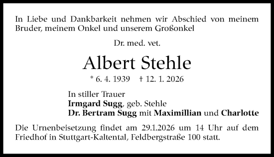 Traueranzeige von Albert Stehle von Stuttgarter Zeitung / Stuttgarter Nachrichten