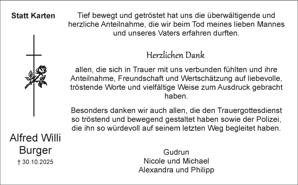  Traueranzeige für Alfred Willi Burger vom 04.12.2025 aus Leonberger Kreiszeitung / Strohgäu Extra