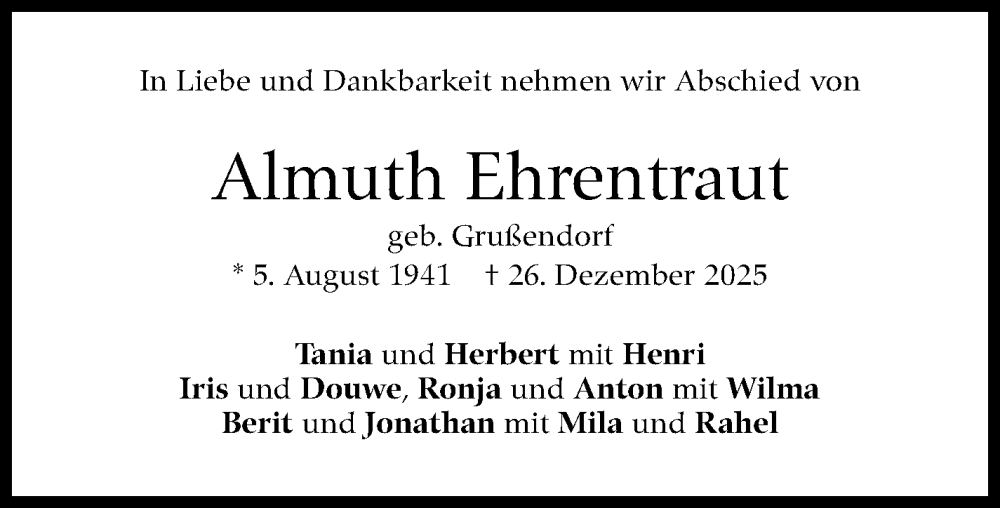  Traueranzeige für Almuth Ehrentraut vom 09.01.2026 aus Stuttgarter Zeitung / Stuttgarter Nachrichten
