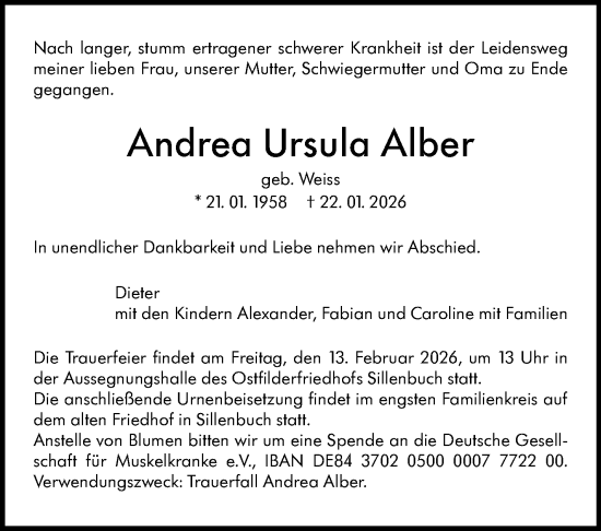 Traueranzeige von Andrea Ursula Alber von Stuttgarter Zeitung / Stuttgarter Nachrichten