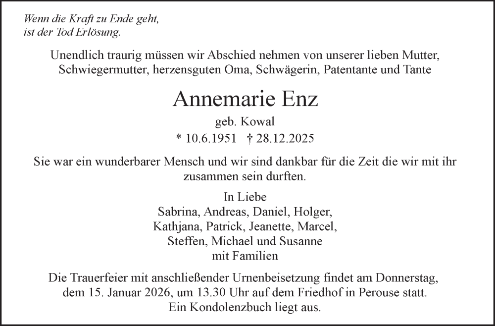  Traueranzeige für Annemarie Enz vom 08.01.2026 aus Leonberger Kreiszeitung / Strohgäu Extra