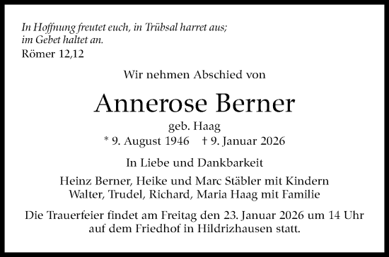 Traueranzeige von Annerose Berner von Kreiszeitung Böblinger Bote