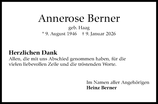 Traueranzeige von Annerose Berner von Kreiszeitung Böblinger Bote