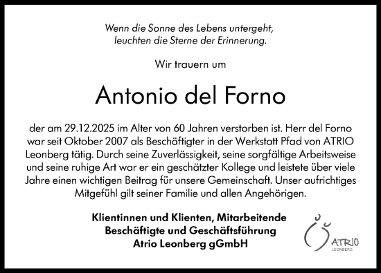 Traueranzeige von Antonio del Forno von Leonberger Kreiszeitung / Strohgäu Extra