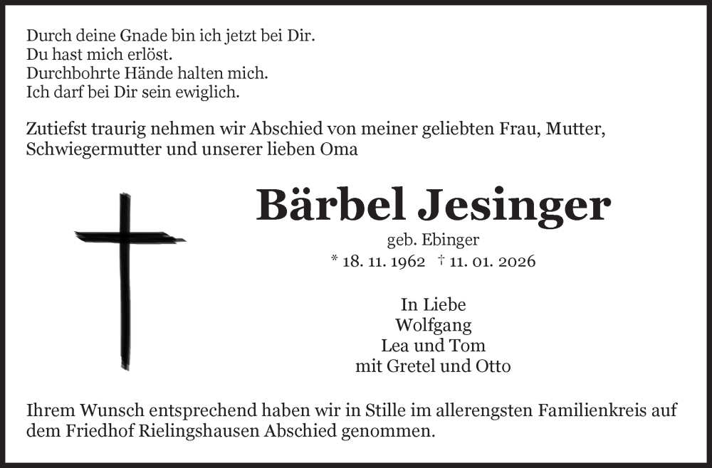  Traueranzeige für Bärbel Jesinger vom 19.01.2026 aus Marbacher Zeitung