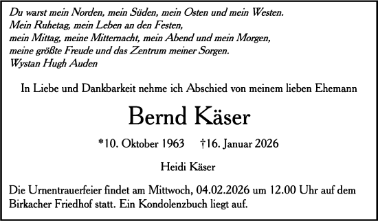 Traueranzeige von Bernd Käser von Stuttgarter Zeitung / Stuttgarter Nachrichten