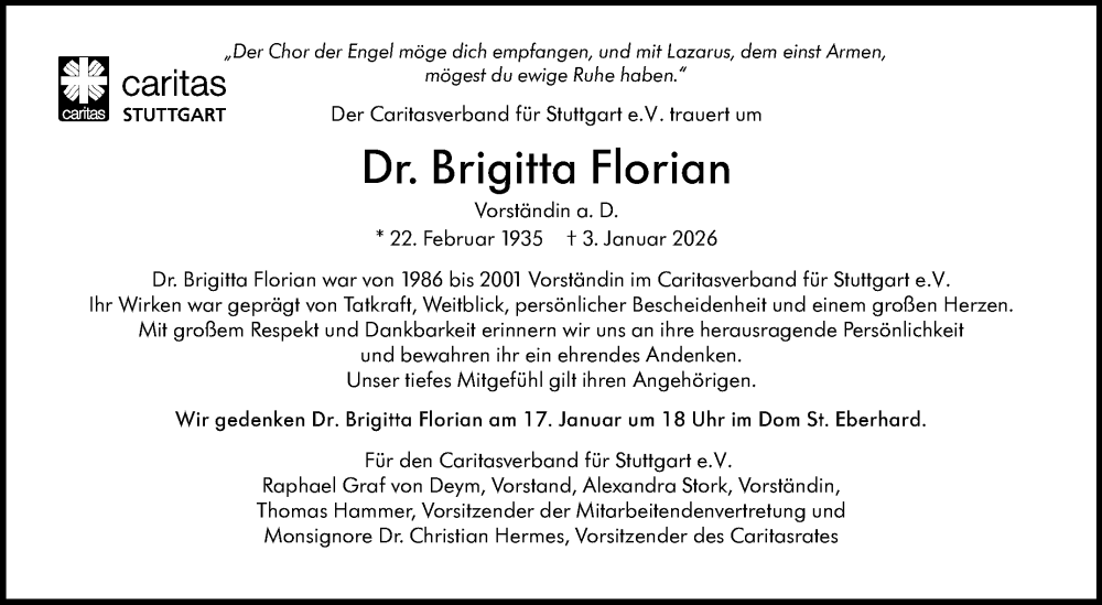  Traueranzeige für Brigitta Florian vom 10.01.2026 aus Stuttgarter Zeitung / Stuttgarter Nachrichten