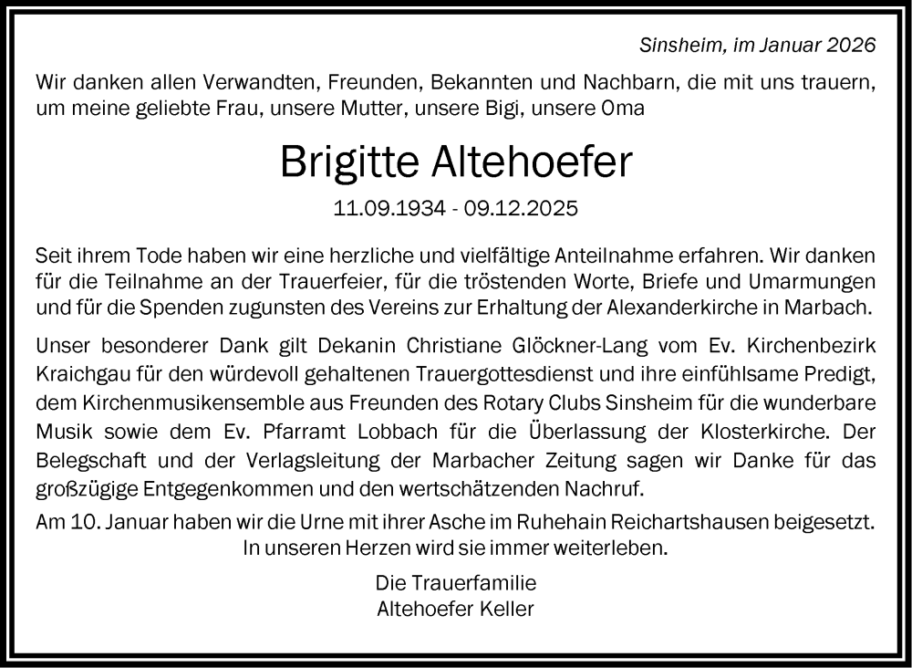  Traueranzeige für Brigitte Altehoefer vom 14.01.2026 aus Marbacher Zeitung
