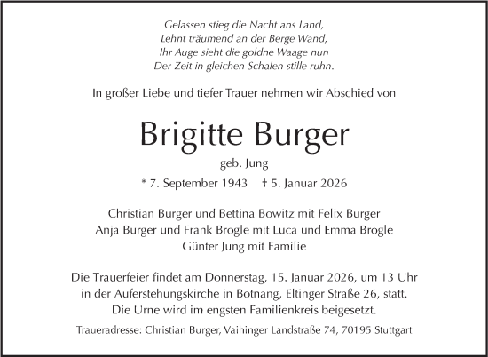 Traueranzeige von Brigitte Burger von Stuttgarter Zeitung / Stuttgarter Nachrichten