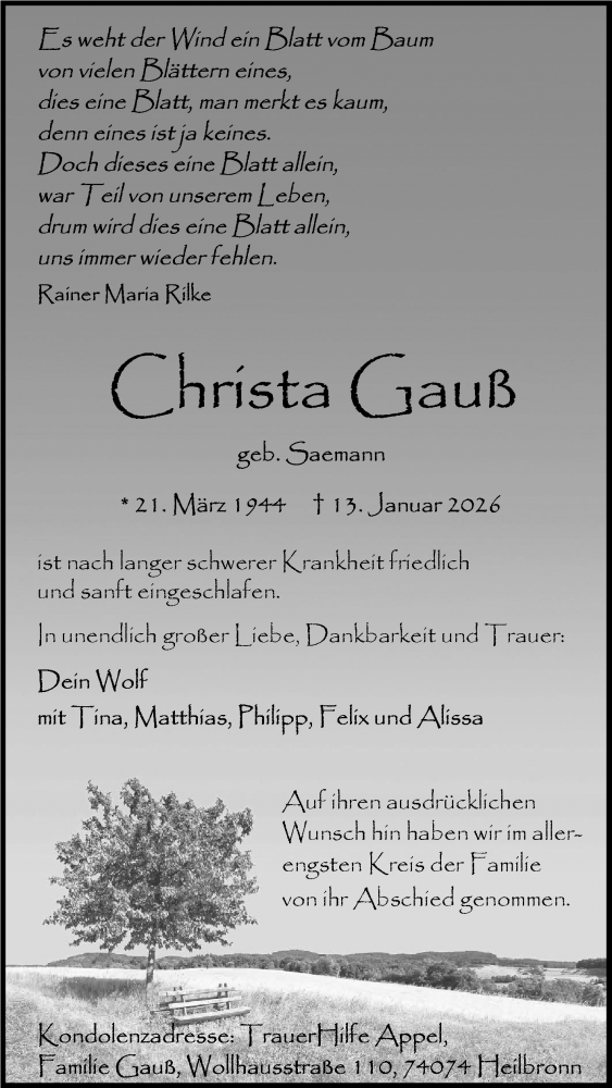  Traueranzeige für Christa Gauß vom 31.01.2026 aus Stuttgarter Zeitung / Stuttgarter Nachrichten