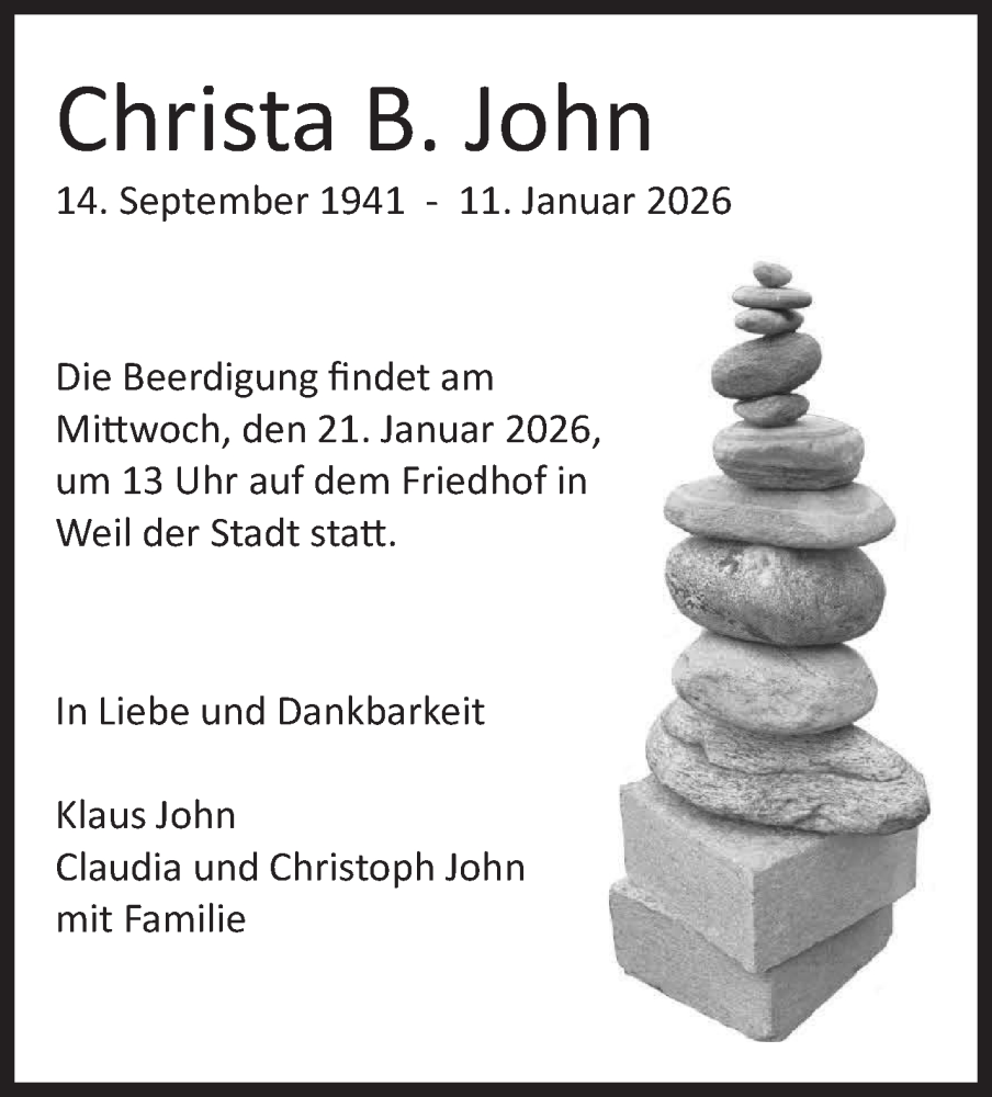  Traueranzeige für Christa John vom 15.01.2026 aus Leonberger Kreiszeitung / Strohgäu Extra