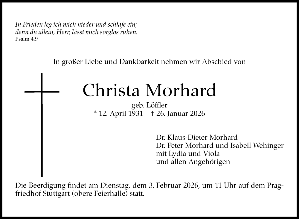  Traueranzeige für Christa Morhard vom 31.01.2026 aus Stuttgarter Zeitung / Stuttgarter Nachrichten
