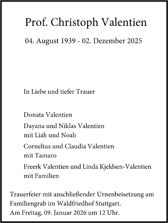 Traueranzeige von Christoph Valentien von Stuttgarter Zeitung / Stuttgarter Nachrichten