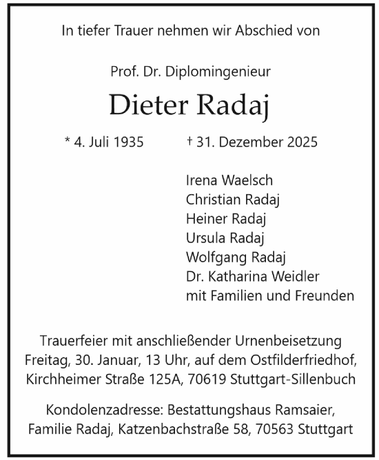 Traueranzeige von Dieter Radaj von Stuttgarter Zeitung / Stuttgarter Nachrichten
