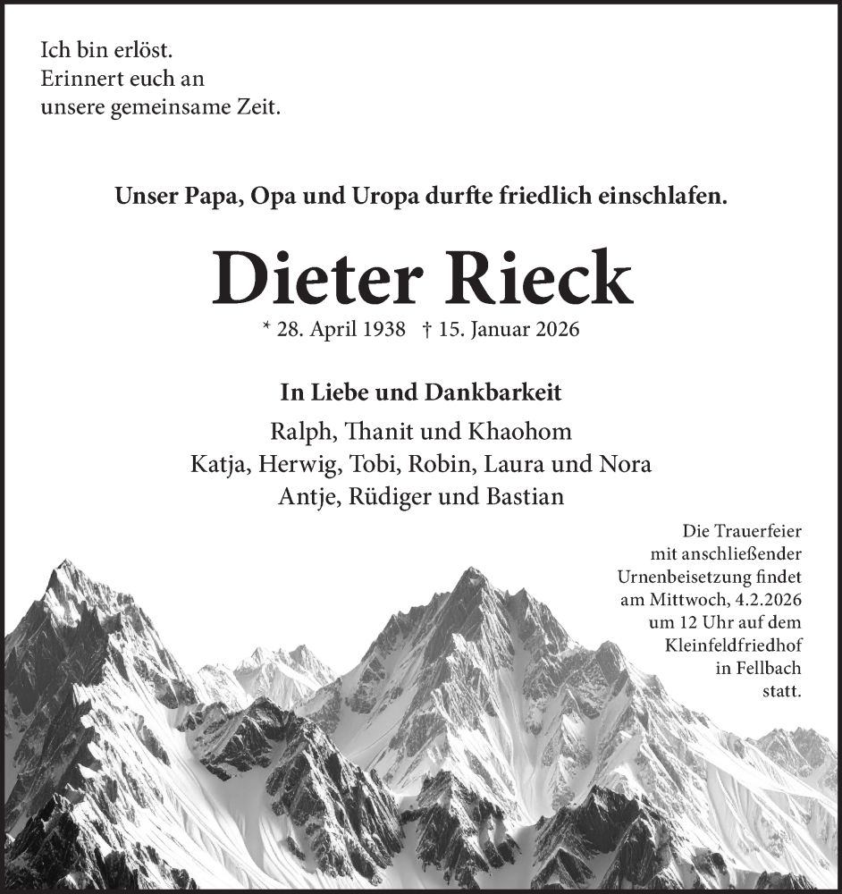  Traueranzeige für Dieter Rieck vom 30.01.2026 aus Stuttgarter Zeitung / Stuttgarter Nachrichten