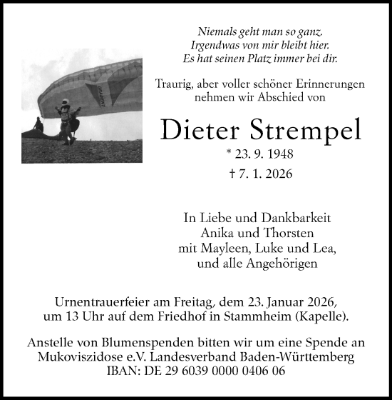 Traueranzeige von Dieter Strempel von Stuttgarter Zeitung / Stuttgarter Nachrichten