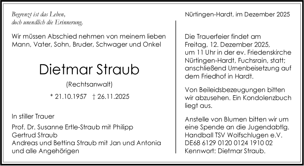 Traueranzeige für Dietmar Straub vom 06.12.2025 aus Stuttgarter Zeitung / Stuttgarter Nachrichten