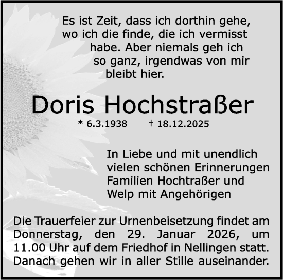 Traueranzeige von Doris Hochstraßer von Stuttgarter Zeitung / Stuttgarter Nachrichten