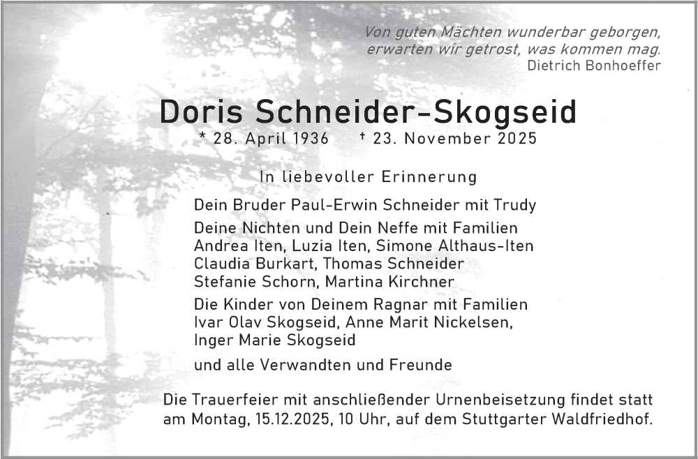  Traueranzeige für Doris Schneider-Skogseid vom 06.12.2025 aus Stuttgarter Zeitung / Stuttgarter Nachrichten