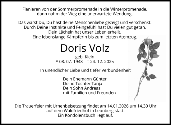 Traueranzeige von Doris Volz von Leonberger Kreiszeitung / Strohgäu Extra