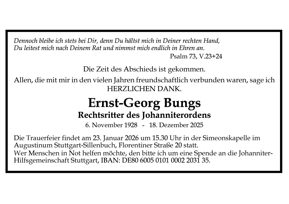  Traueranzeige für Ernst-Georg Bungs vom 03.01.2026 aus Stuttgarter Zeitung / Stuttgarter Nachrichten