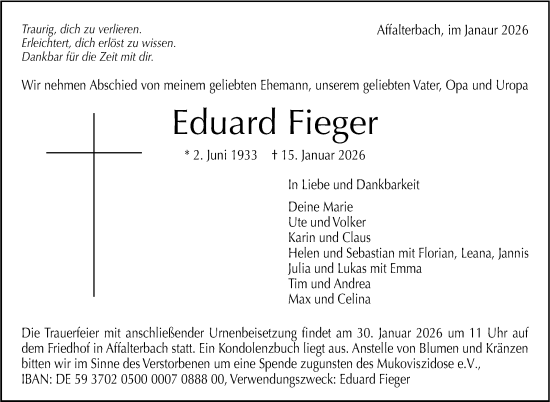 Traueranzeige von Eduard Fieger von Marbacher Zeitung