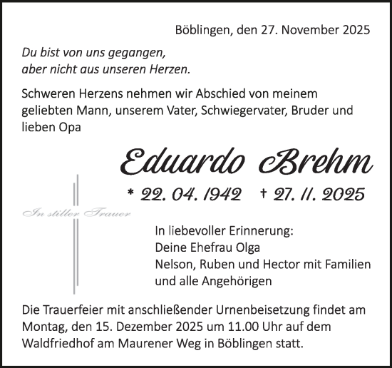 Traueranzeige von Eduardo Brehm von Kreiszeitung Böblinger Bote