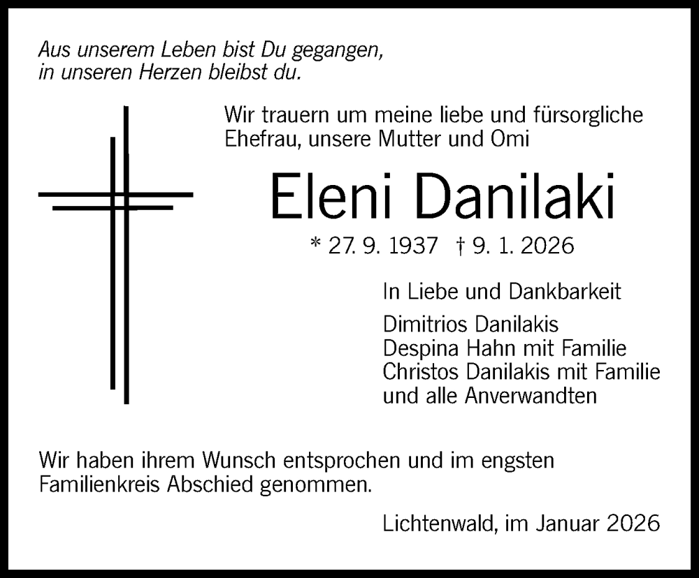  Traueranzeige für Eleni Danilaki vom 31.01.2026 aus Eßlinger Zeitung