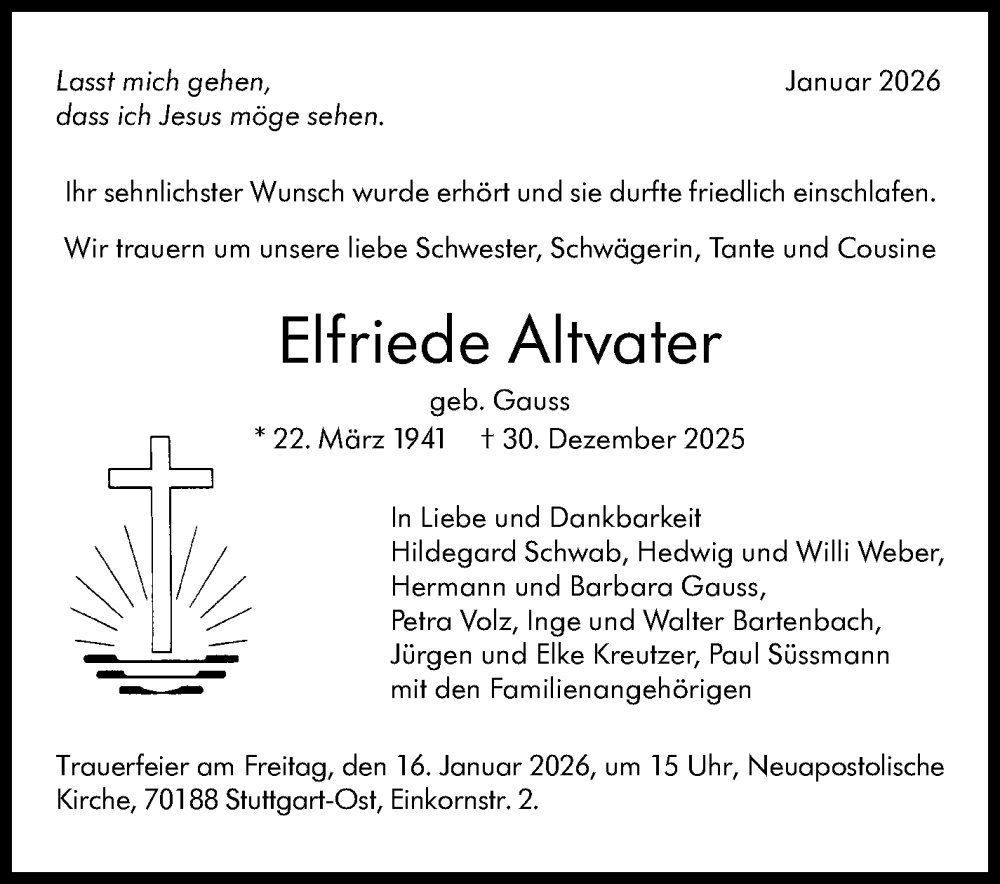  Traueranzeige für Elfriede Altvater vom 10.01.2026 aus Stuttgarter Zeitung / Stuttgarter Nachrichten