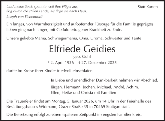 Traueranzeige von Elfriede Geidies von Stuttgarter Zeitung / Stuttgarter Nachrichten