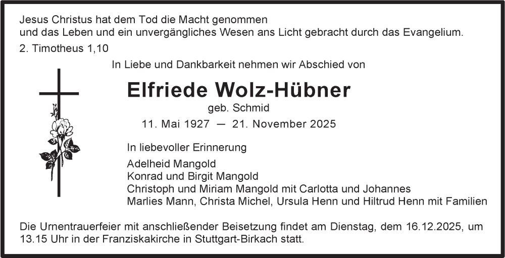  Traueranzeige für Elfriede Wolz-Hübner vom 06.12.2025 aus Stuttgarter Zeitung / Stuttgarter Nachrichten