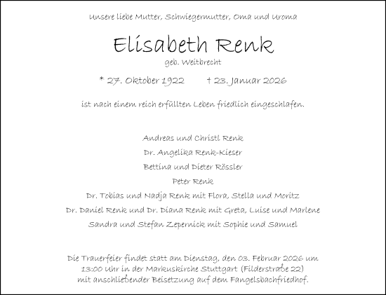 Traueranzeige von Elisabeth Renk von Stuttgarter Zeitung / Stuttgarter Nachrichten