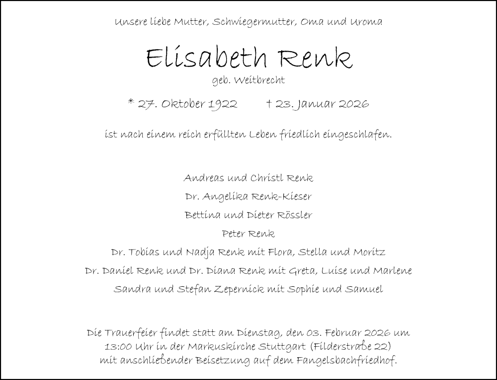  Traueranzeige für Elisabeth Renk vom 31.01.2026 aus Stuttgarter Zeitung / Stuttgarter Nachrichten