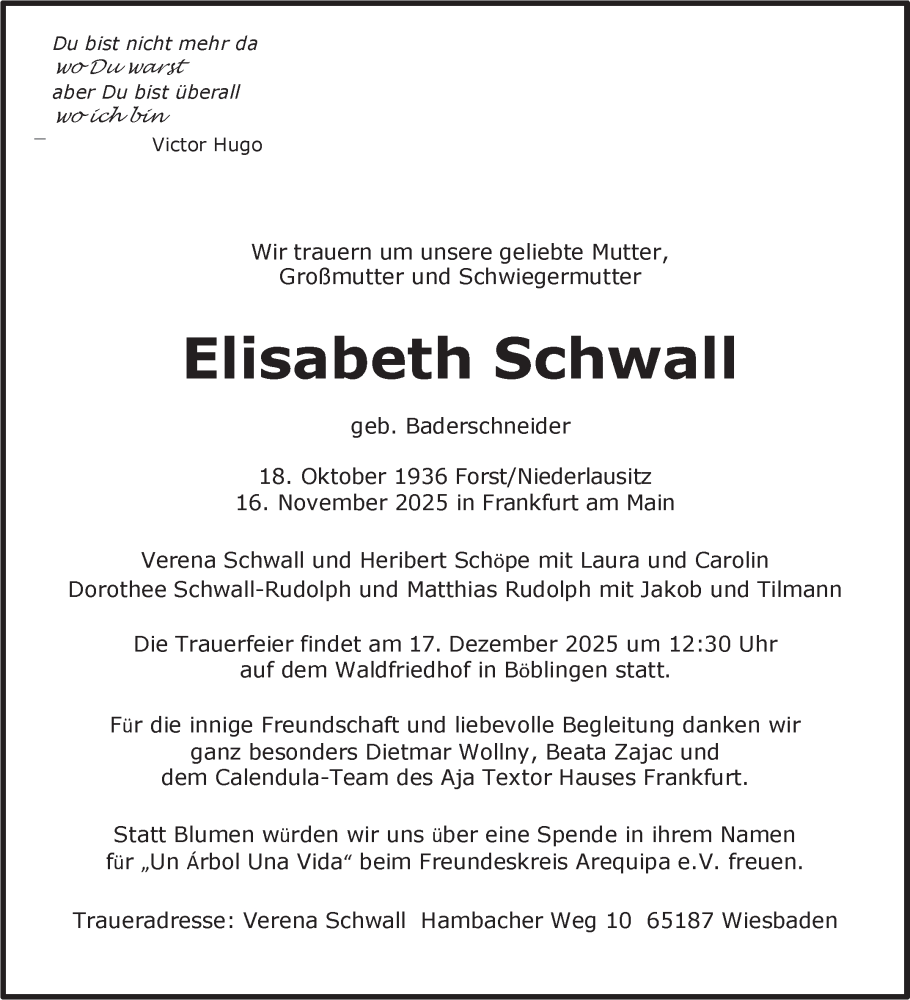  Traueranzeige für Elisabeth Schwall vom 06.12.2025 aus Kreiszeitung Böblinger Bote