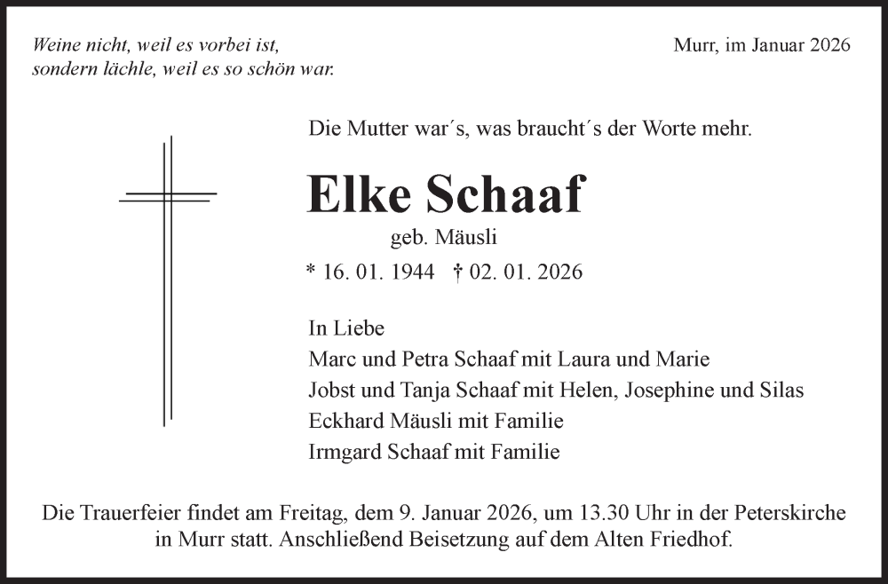  Traueranzeige für Elke Schaaf vom 07.01.2026 aus Marbacher Zeitung