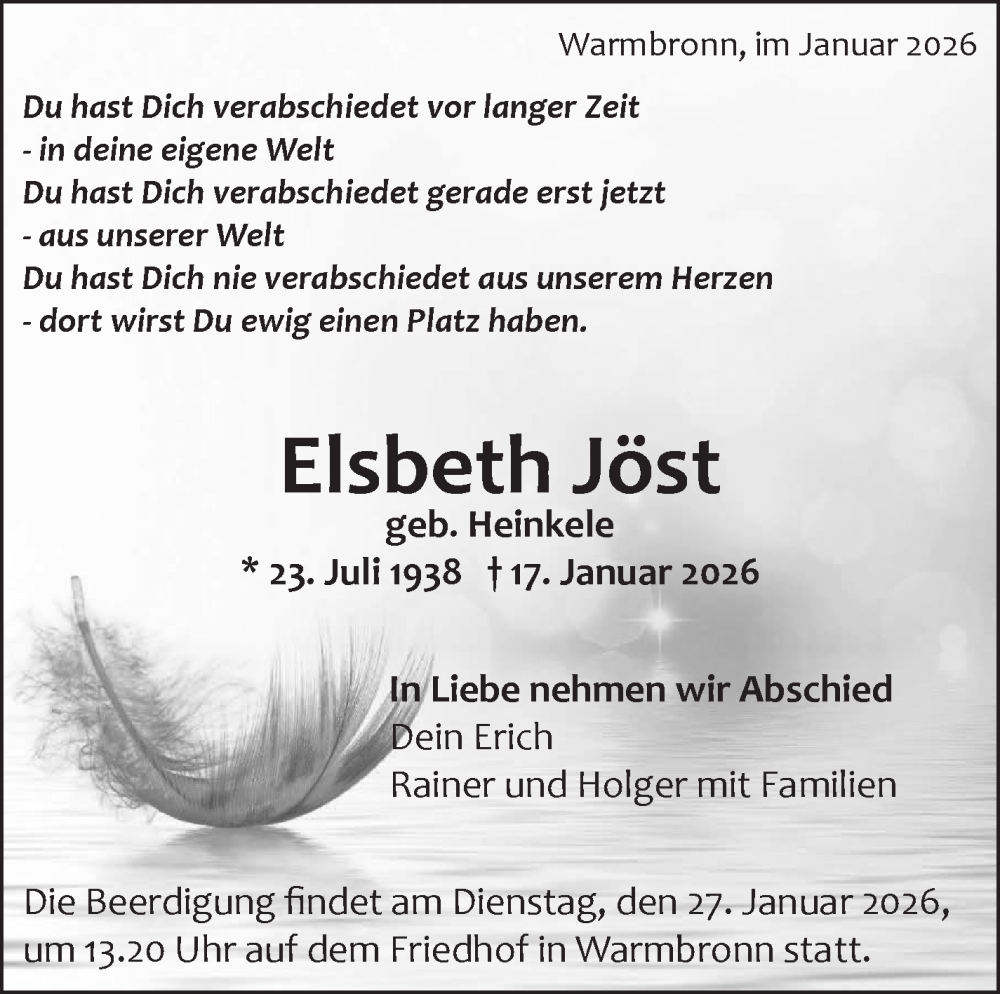  Traueranzeige für Elsbeth Jöst vom 23.01.2026 aus Leonberger Kreiszeitung / Strohgäu Extra