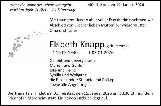 Traueranzeige von Elsbeth Knapp von Leonberger Kreiszeitung / Strohgäu Extra