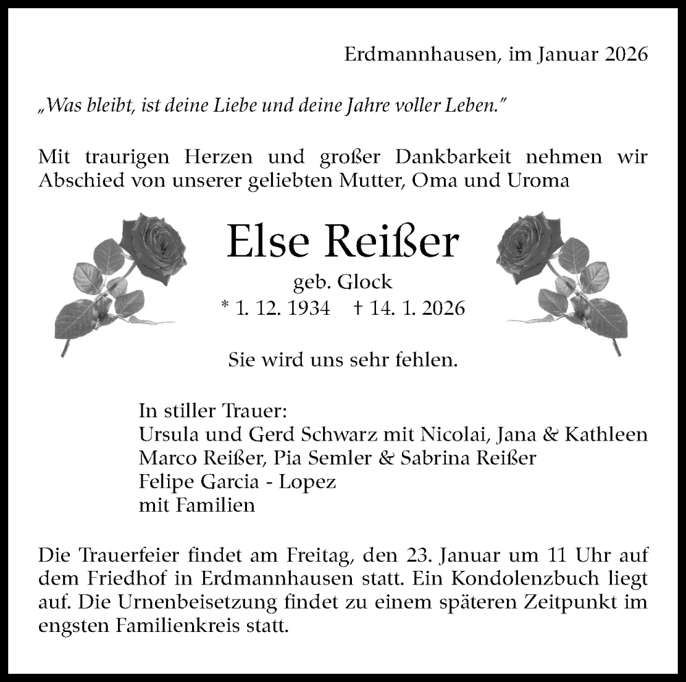  Traueranzeige für Else Reißer vom 19.01.2026 aus Marbacher Zeitung