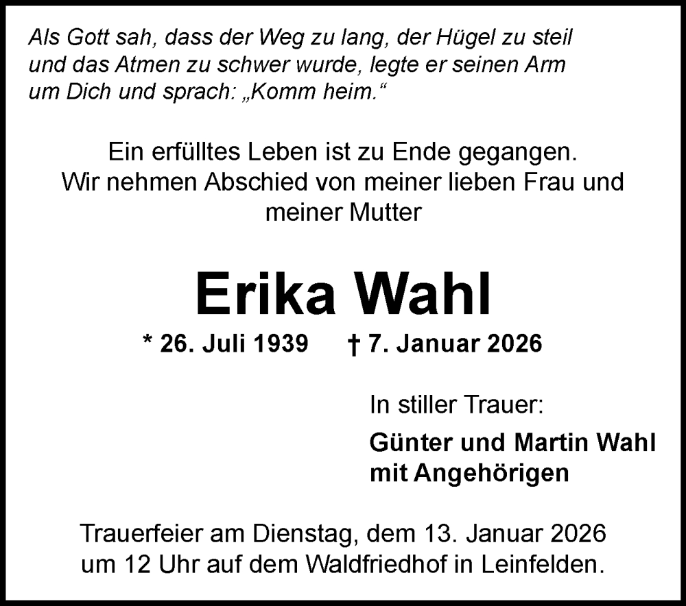  Traueranzeige für Erika Wahl vom 10.01.2026 aus Stuttgarter Zeitung / Stuttgarter Nachrichten